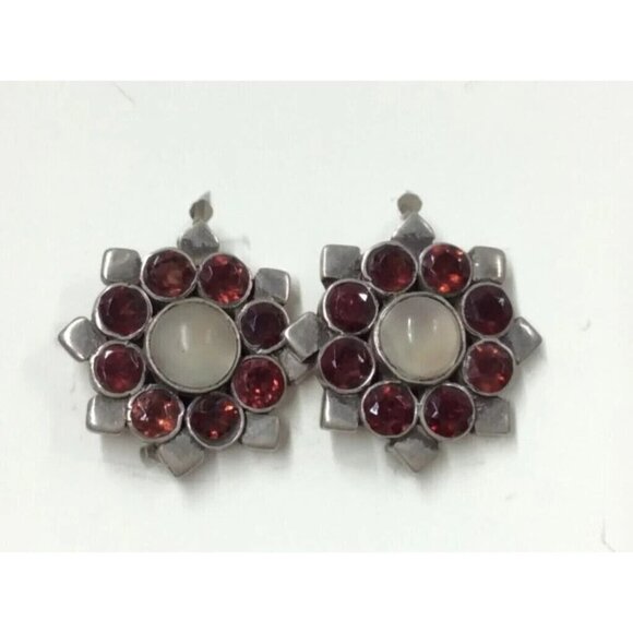 Art Deco Garnet and Moonstone 925 Sterling hook earrings 1920-30 1 inch marked - Picture 7 of 8